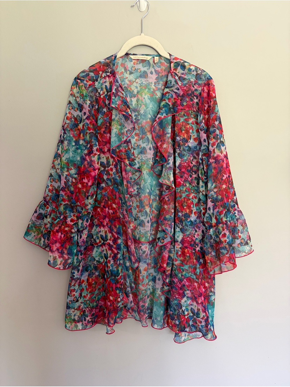 Soft Surroundings Open Front Waterfall Floral Sheer Cardigan Women’s M Colorful